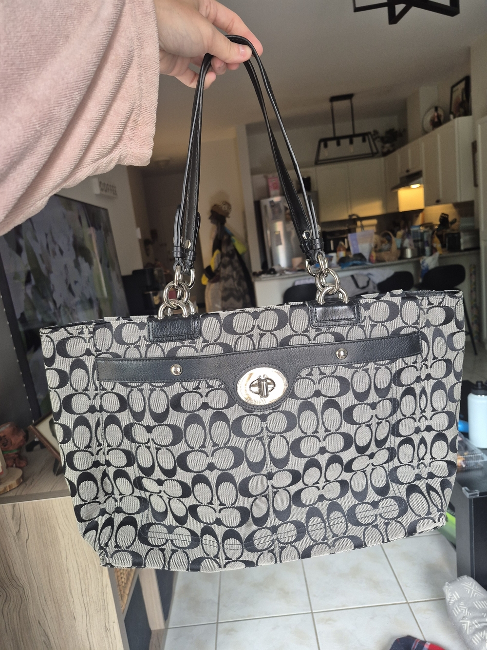 Coach Gray and Black Signature Canvas Tote